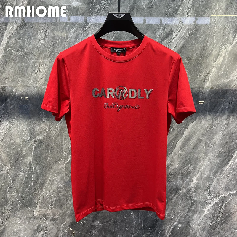 

Men's Luxury T-shirt High Quality Diamond Letter Design Male Tops Mercerized Cotton Red Homme Tees 2023 Summer Trend Man Clothes