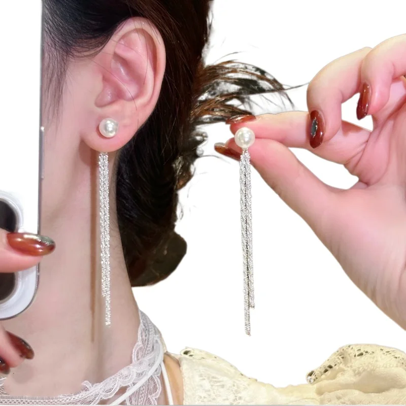 

Длинные двухместные серьги с жемчужной бахромой, легкие роскошные темпераментные серьги-иглы из серебра 925 пробы, улучшенное ощущение, тонкое лицо