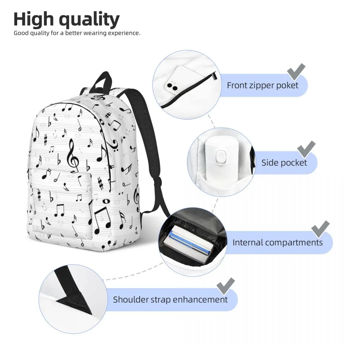 Musical Music Notes for Men Women Student School Book Bags Daypack Middle High College Outdoor