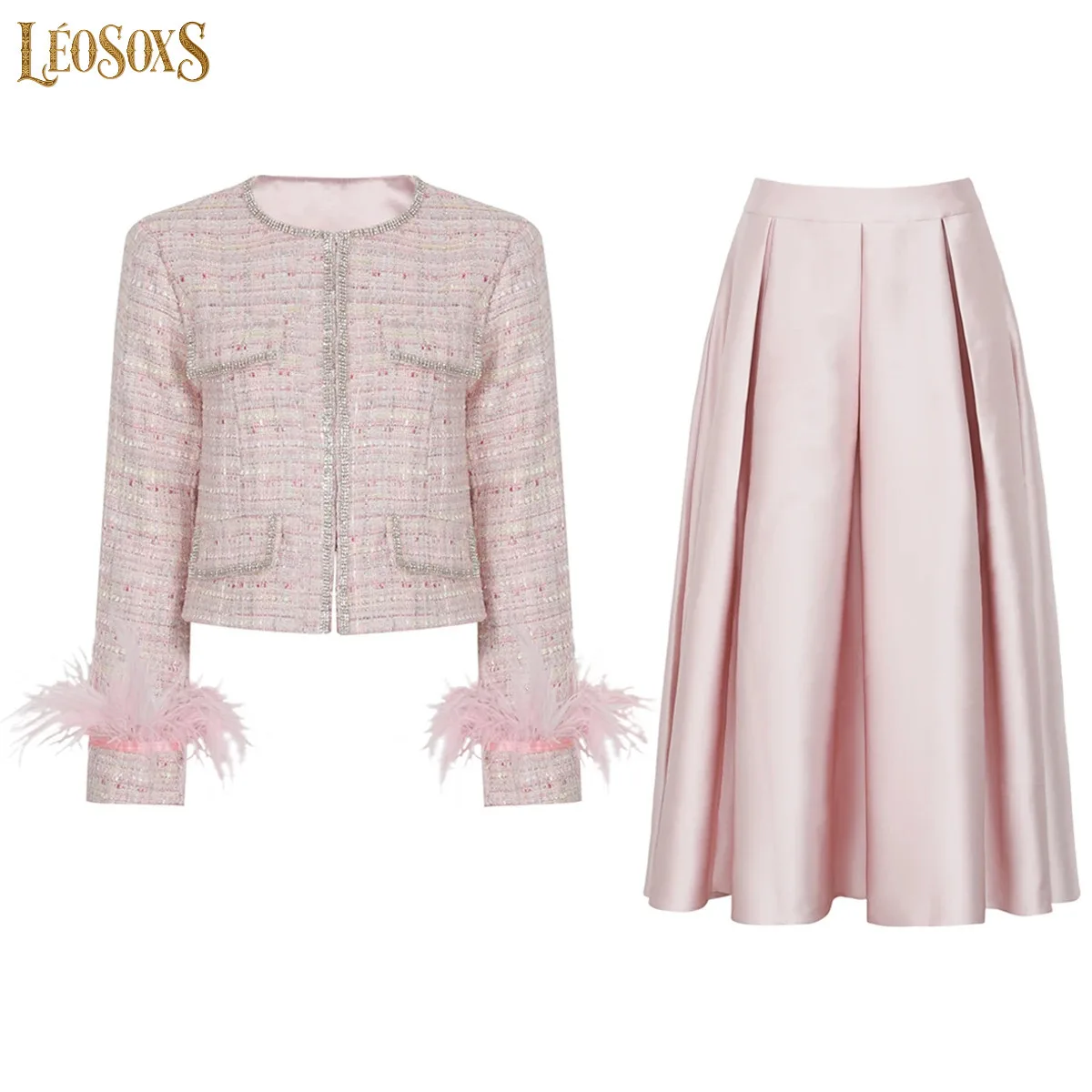 LEOSOXS Spring And Autumn New Fashion Commuter Women's Feather Heavy Duty Nail Diamond TopHundred Fold Large Swing Skirt Set