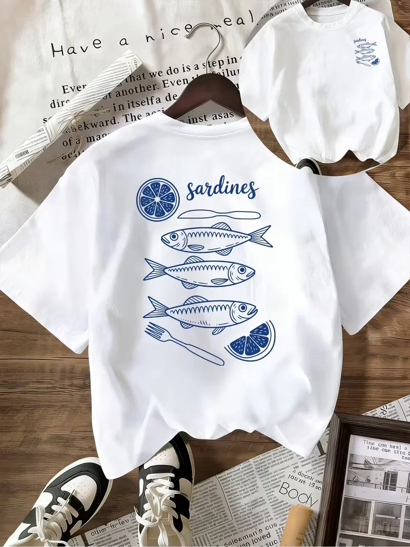 Stylish French Gourmet Sardines Print Crew Neck T-shirt Short Sleeve Loose Fit Casual Top for All-Season Literary Wear