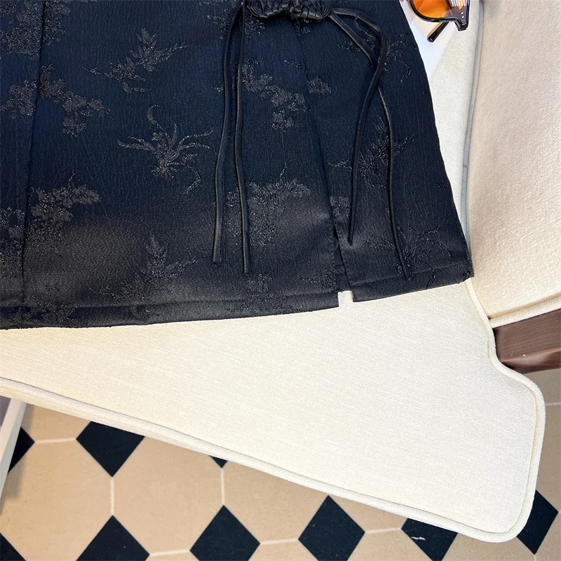 Retro Women's Black Button Up Jacquard Mini Skirts Vintage White High Waist Elegant Chinese Style A-line Short Skirt Summer 2024