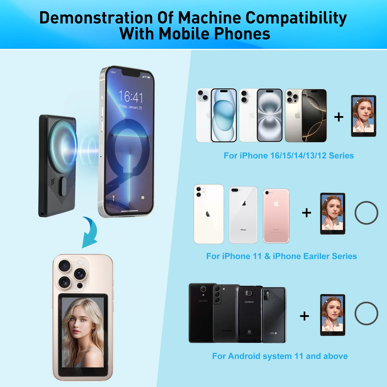 Phone Selfie Monitor Touchscreen Wireless Magnetic Mount Vlog Phone Rear Camera Selfie WiFi Bluetooth Connection for Selfie Live