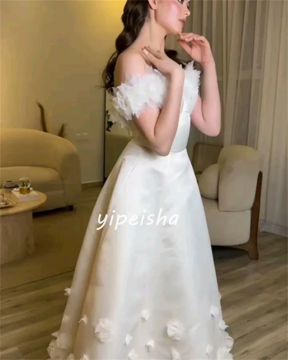 Satin Flower Ruched Engagement A-line Off-the-shoulder Bespoke Occasion Gown Long Dresses