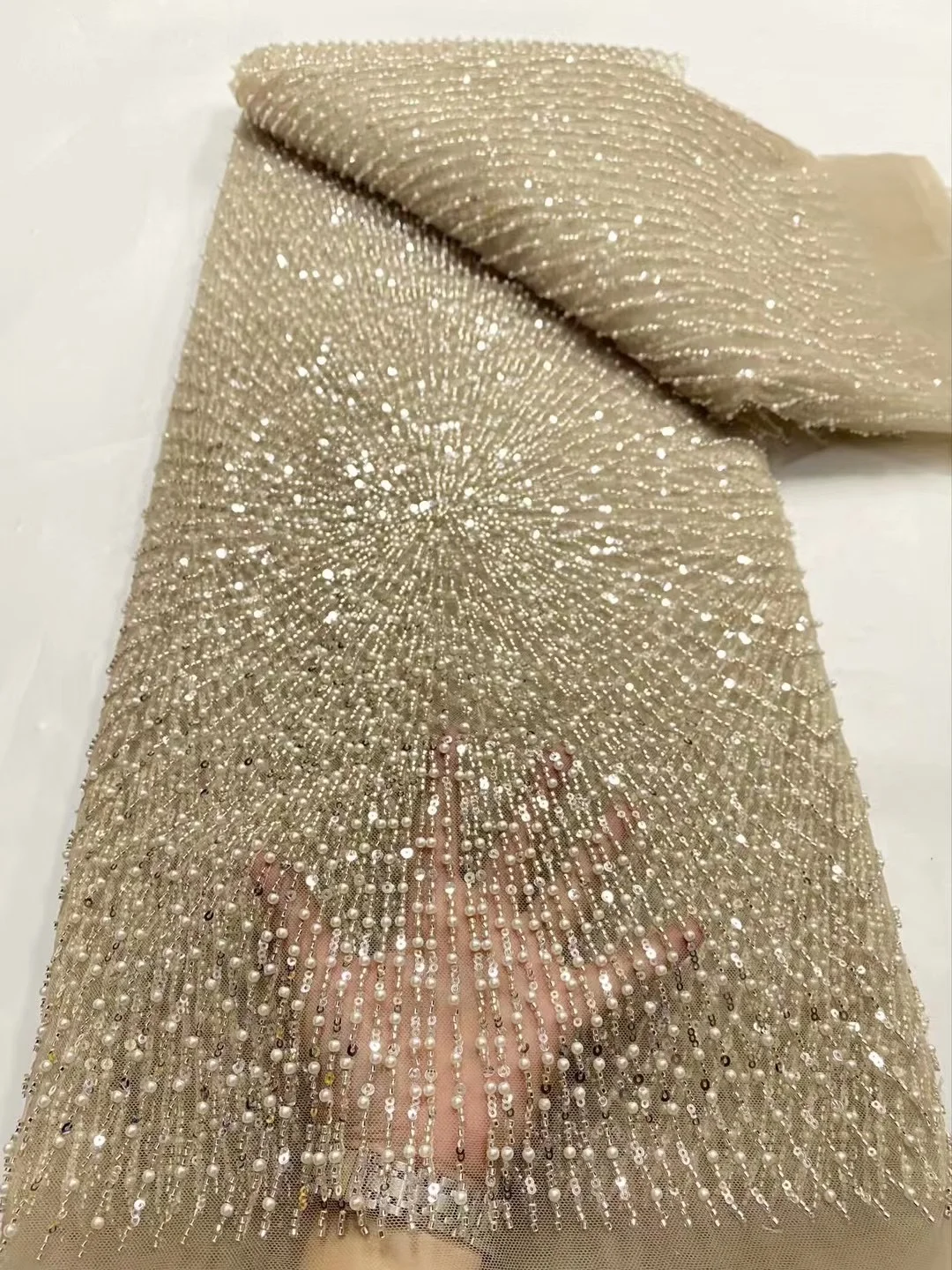 

African Luxury Groom Sequins Lace Fabric 2025 High Quality Lace Embroidery Beaded Mesh Fabric 5 Yards For Women Wedding Dresses