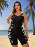 Plus Size Women's Black Tropical Leaf Print One Piece Swimsuit Sleeveless Bodycon Boyleg Bathing Suit for Beach Vacation - Image 3