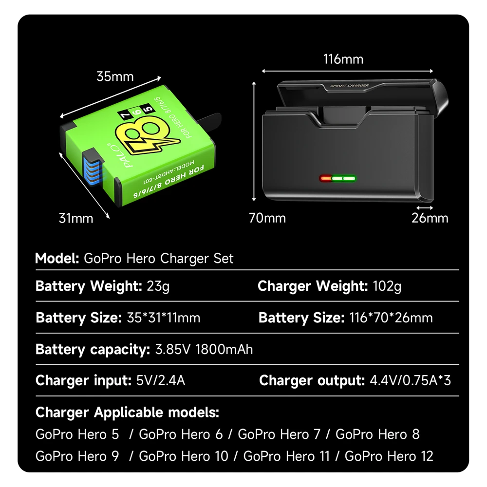 For GoPro 8 Hero 7 hero 6 hero 5 Battery + 3-Slots Storage Box Charger with Type C for GoPro 12 11 10 9 8 7 6 5 Camera Battery