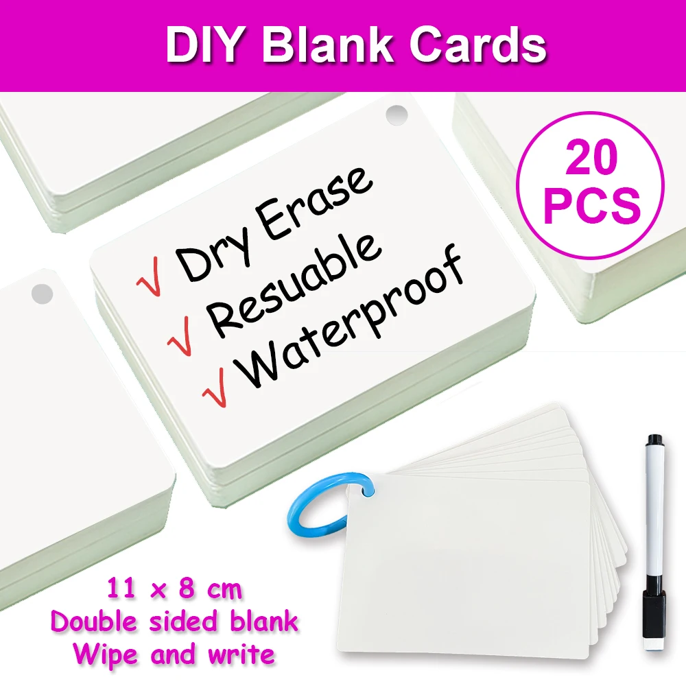 20Pcs Dry Erase Blank Card Reusable Cards Board Game Cards Study Guide & Note Writing Cards Word or Math Training Teaching Aids