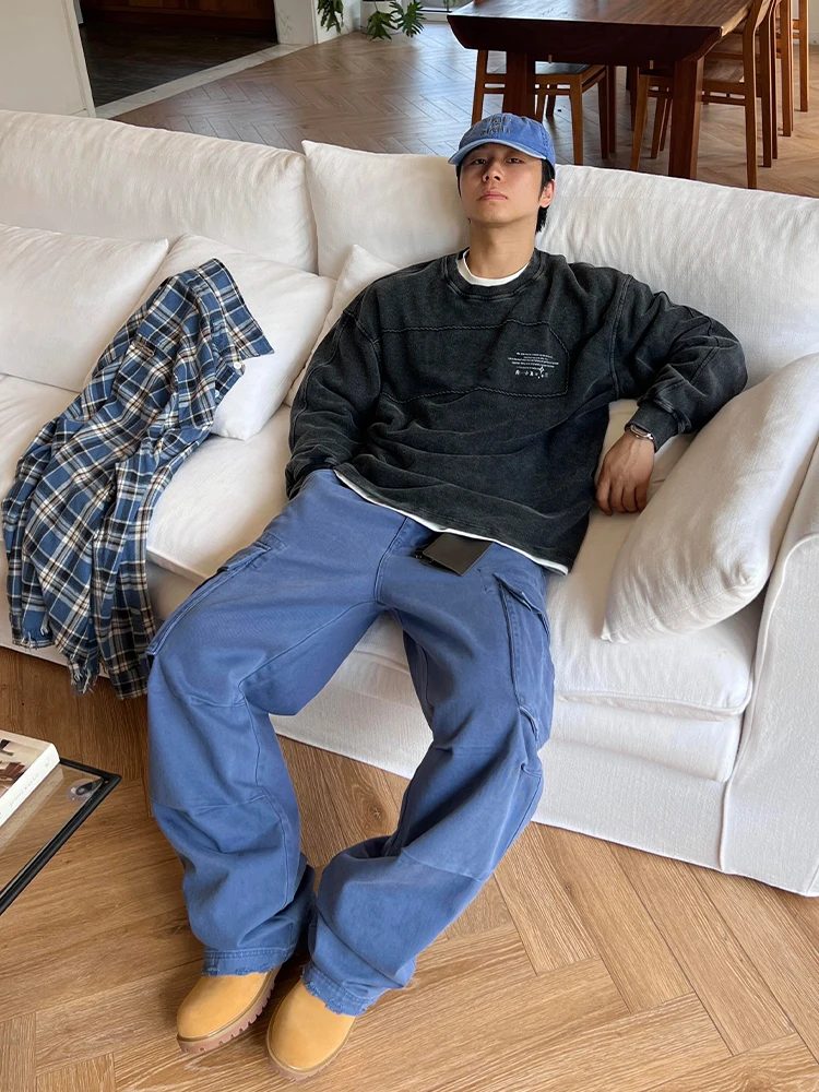 

Мужские осенние брюки American Sle Workwear синего цвета, широкие, прямые, свободного кроя, с эффектом потертости, с множеством карманов