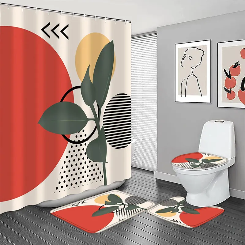 Mid Century Red Semicircle Modern Abstract Leaf Boho Shower Curtain Set Non-slip Rugs 4pcs For Bathroom Decor