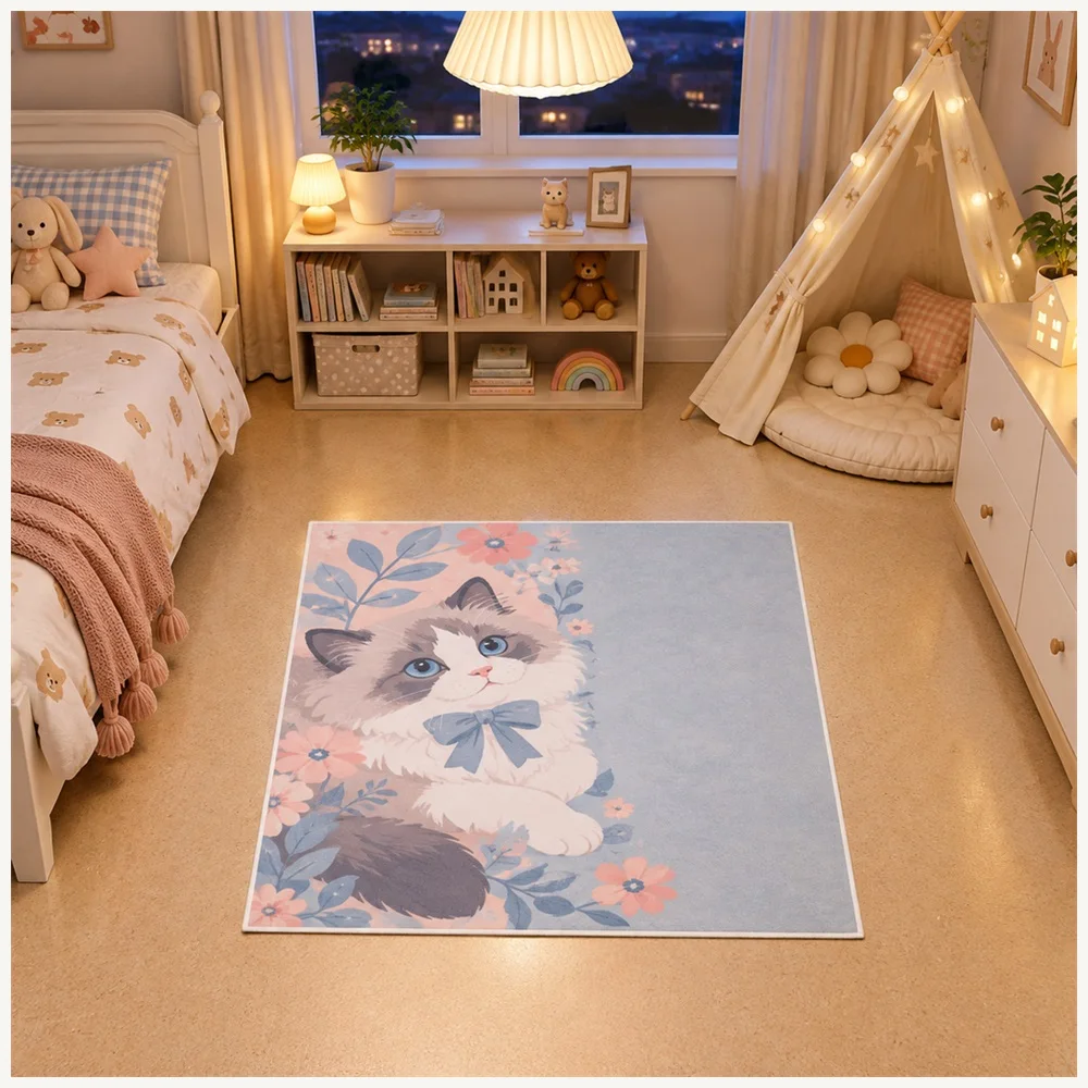 VIKAMA Cute Animal Grey Pink Blue Ragdoll Cat Flannel Door Mat, Memory Foam Anti-Slip Mat, Home Decor for Home, Entryway