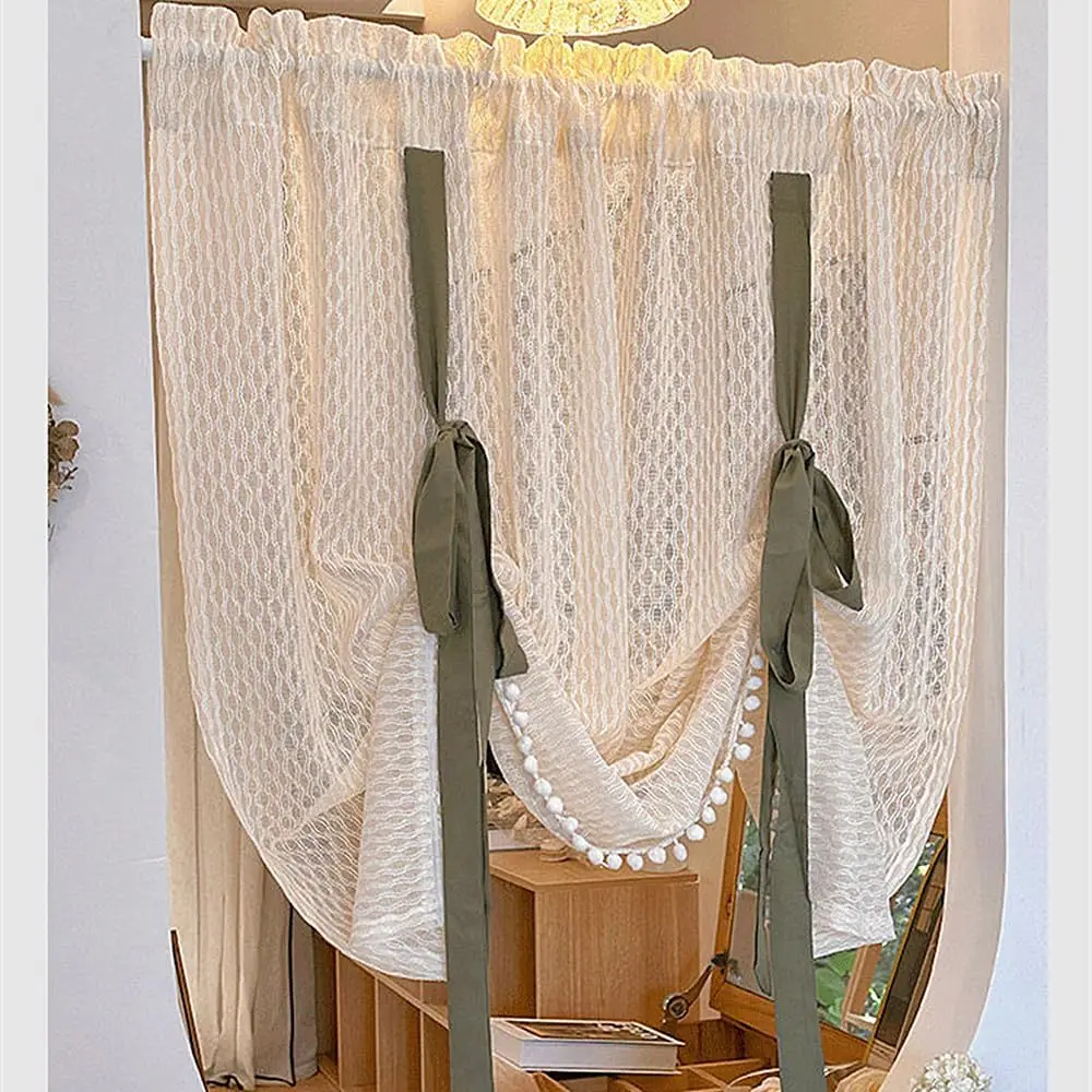 1 Panel 100cm Width Tie Up Adjustable Balloon Rod Pocket Sheer Curtain Wave Patterned Embroidered Curtain with Spherical Lace