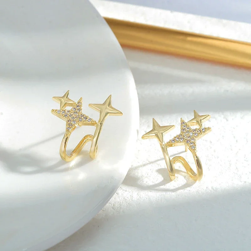 Trendy Exquisite 14k Gold Plated Four-pointed Star Earrings for Women Girl Jewelry AAA Zircon S925 Silver Needle Stud Party Gift