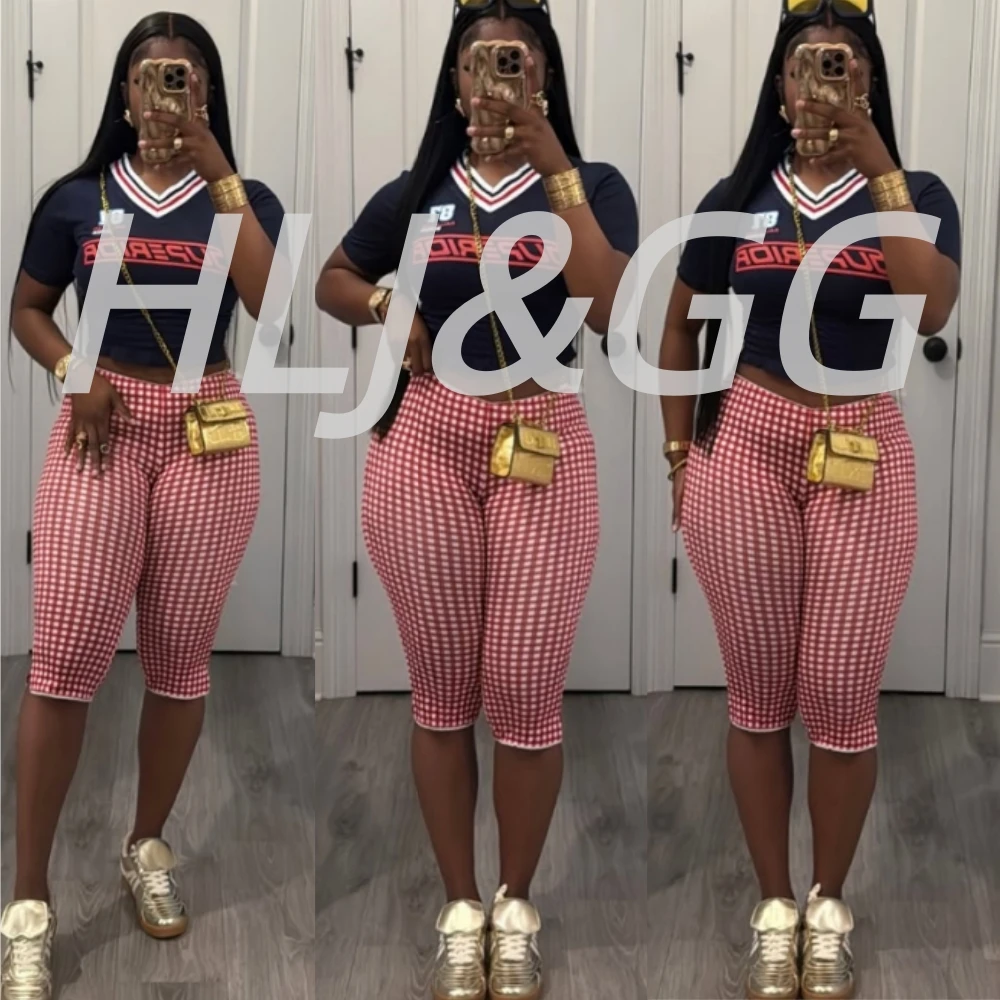 

HLJ&GG Fashion Plaid Print Shorts Two Piece Sets Women V Neck Short Sleeve Crop Top And Shorts Outfits Y2K Summer New Streetwear