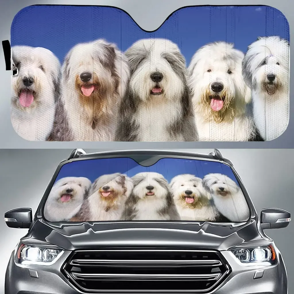 Cute Old English Sheepdog Blue Pattern Car Sunshade, Funny Old English Sheepdog Family Auto Sunshade for Car Decor, Car Windshie