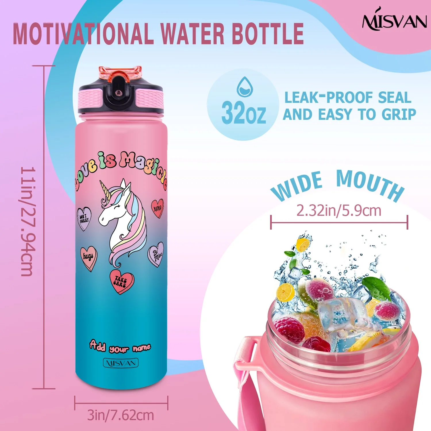 1PC, Unicorn Rainbow Mane Heart Letter Pattern ,32oz Gradient Water Bottle-Leak-Proof,HD Non-Peeling Pattern,Perfect for Sports,