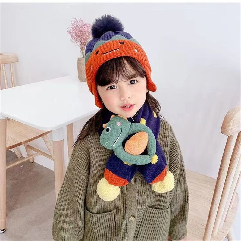 2PCS Set Baby Hat Scarf Winter Warm Thick Knitted Cap Cartoon Dinosaur Bunny Beanies Scarf For Children Girls Boys Baby Clothing