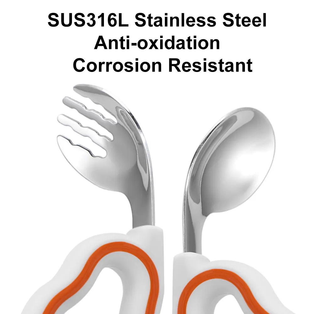 

Silicone Baby Fork and Spoon Set 316 Stainless Steel with Storage Box Baby Cutlery Self Feeding Short Handle Child Tableware