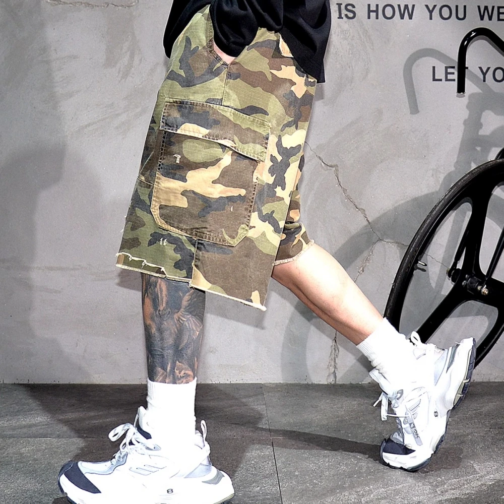 Mens Japanese Tactical Cargo Shorts Vintage Camo 5-Inch Distressed Oversized Summer Premium Straight Leg Streetwear Casual Pants