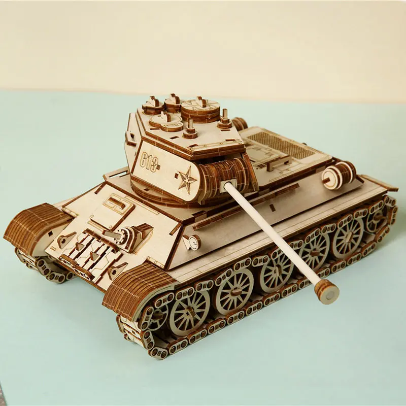 Tank model, wooden three-dimensional puzzle building block manual assembly,  ornament mortise and tenon building block