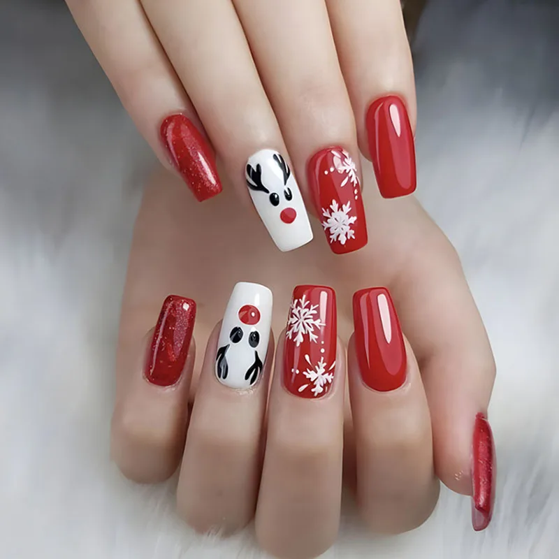 

24Pcs Long Square Press on Nails - Classic Red with White Snowflakes, Red Glitter & Reindeer Design | Christmas Party Style