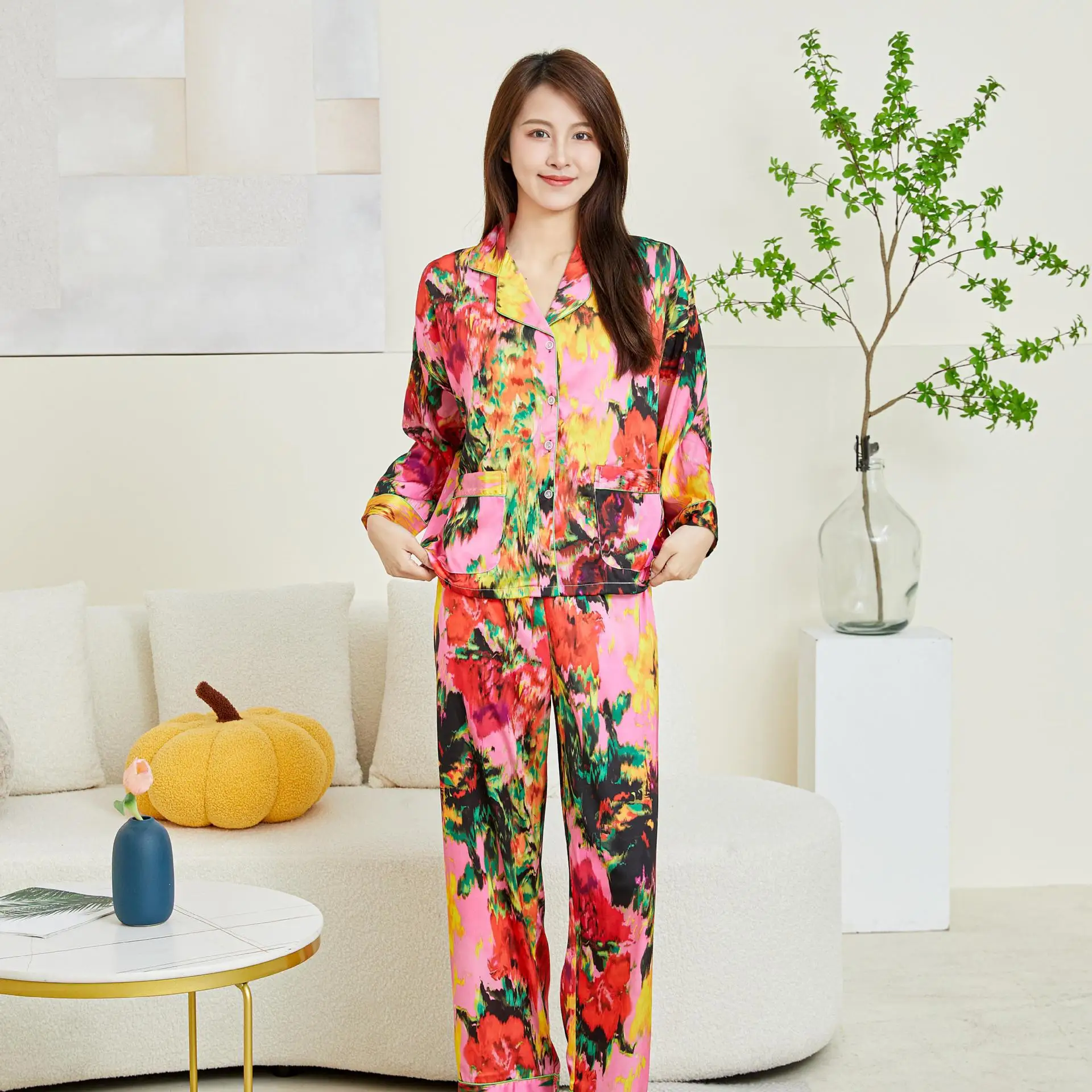 Satin Women\'s Spring Autumn Silk Like Pajamas Polo Collar Long Sleeve Pants Two Piece Set Colorful Printed Fashion Home Suit