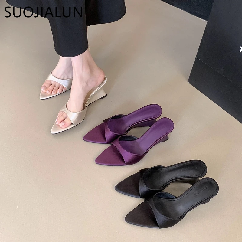 

SUOJIALUN 2025 Summer New Brand Women Slipper Fashion High Wedge Heel Slip On Open Toe Slides Ladies Elegant Outdoor Dress Sanda