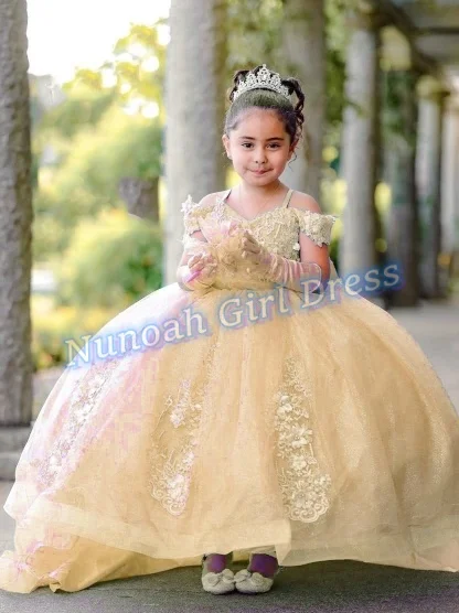 Princess Flower Girl Dresses for Wedding Lace 3D Floral Beaded Girl Kids Birthday Party First Holy Communion Gown Customized