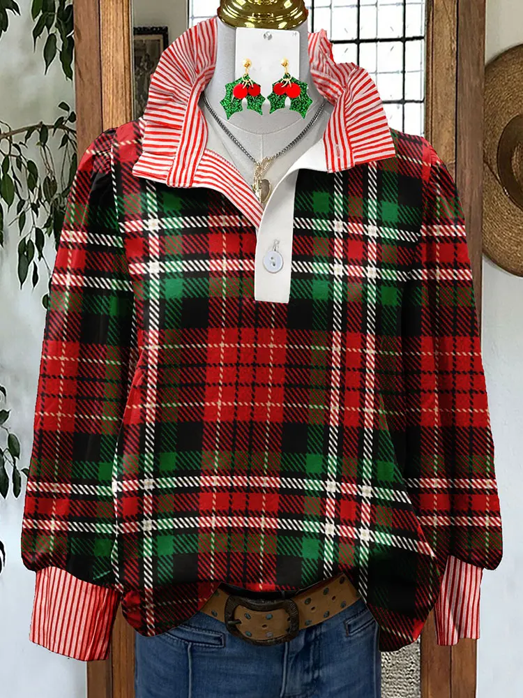 Christmas Plaid Striped Graphic Print Shirt