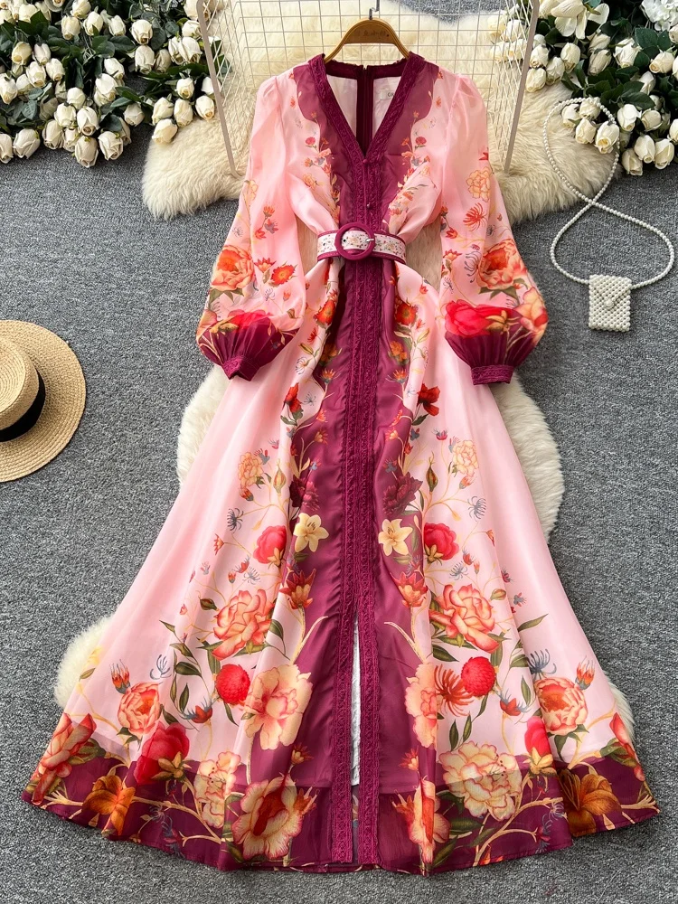 

Ретро-платье в корейском стиле с V-образным вырезом, рукавами-фонариками и принтом, женское, для ранней весны, с длинными рукавами, приталенное, А-силуэт, длинное