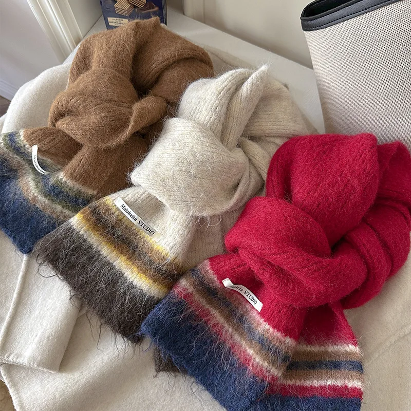 

Warm Winter Scarf Korean Color Stripe Wool Blend Soft Fluffy Neck Wrap for Students Couples