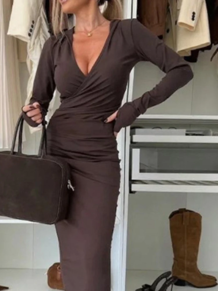 سيدة الترفيه عالية الخصر التفاف الوركين فساتين طويلة مثير الخامس الرقبة طويلة الأكمام Bodycon فستان الخريف جديد بلون سليم مأدبة فستان