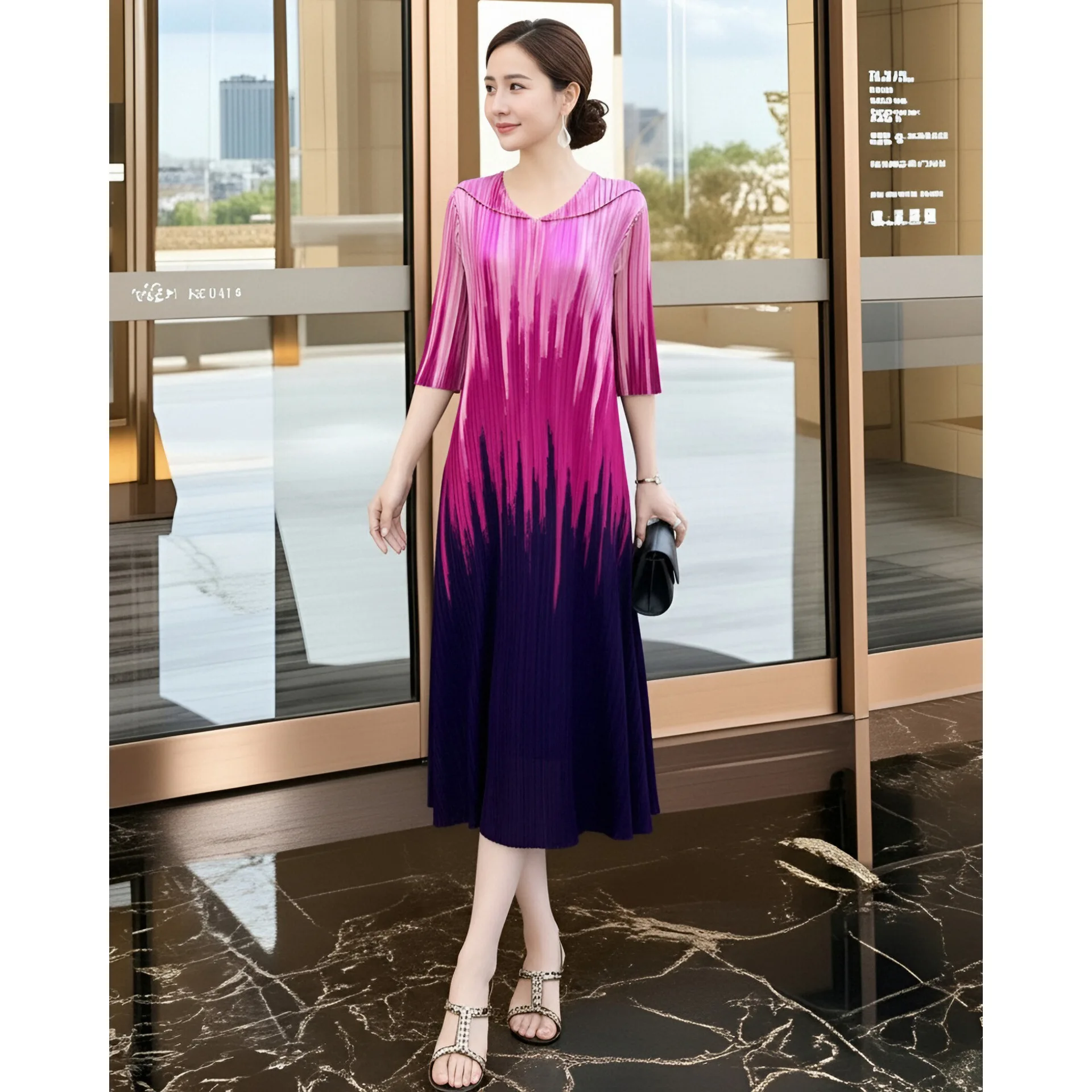 

Miyake Pleated Skirt Women's New 2026 High-end Good-looking Beautiful Slim-fitting Rose Purple Dress Mother's Clothes