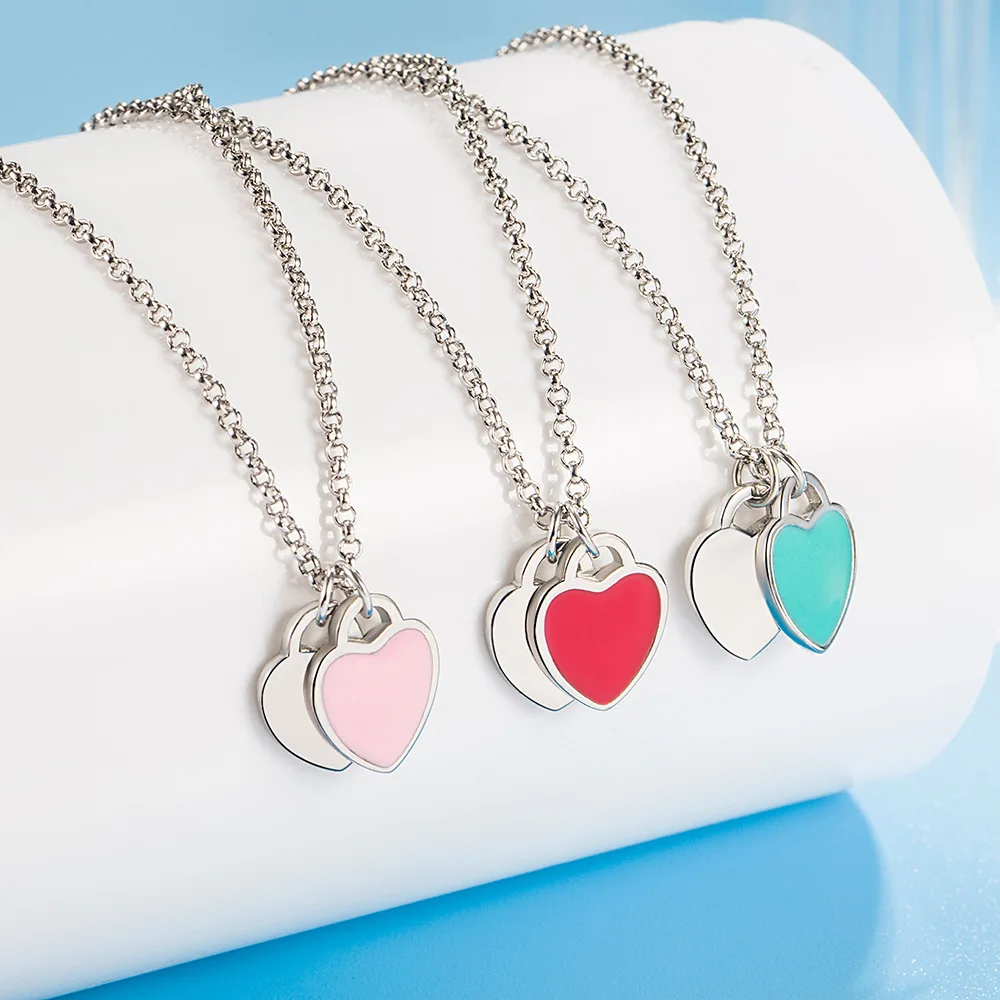 Double Color Heart Pendant Necklace For Women White Gold Color Plated Sweater Chain Fashion Jewelry for Female