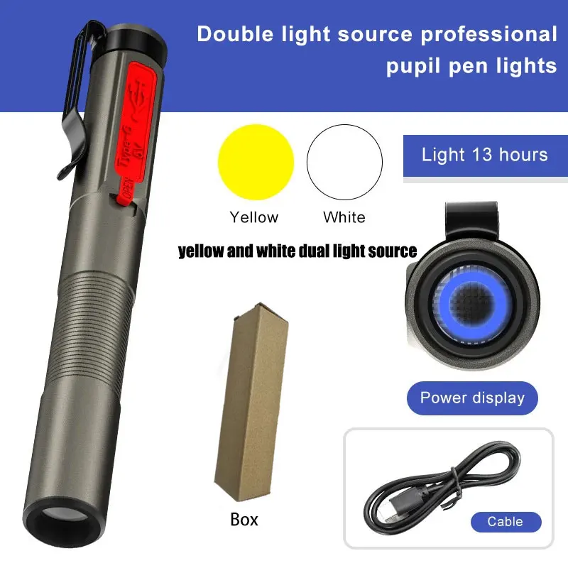 C5 Rechargeable Medical Handy Pen Light Dual Light Source LED Flashlight Mini Pocket Doctor Oral Examination Penlight Clip Lamp