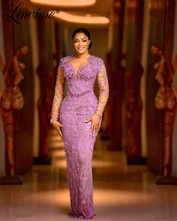 Plus Size African Evening Dresses Long Sleeve 2024 Customize Mermaid Floral Lace Beads Party Gowns Robe Full Crystals Prom Dress
