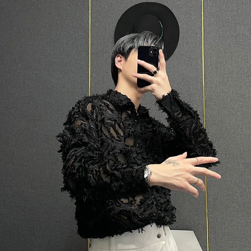 

Men's Long Sleeve Shirt Feather Trim Frayed Sun Protection Fashionable Standard Fit Youthful Style Autumn Spring Wear