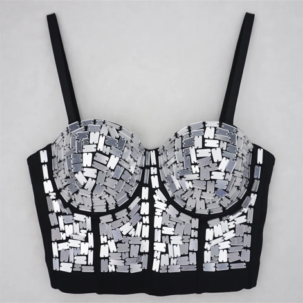 

Popular Multi-Color Sequin Bead Bra Stage Performance Tube Top Detachable Shoulder Strap with Steel Ring Sunderwear-Free Sling