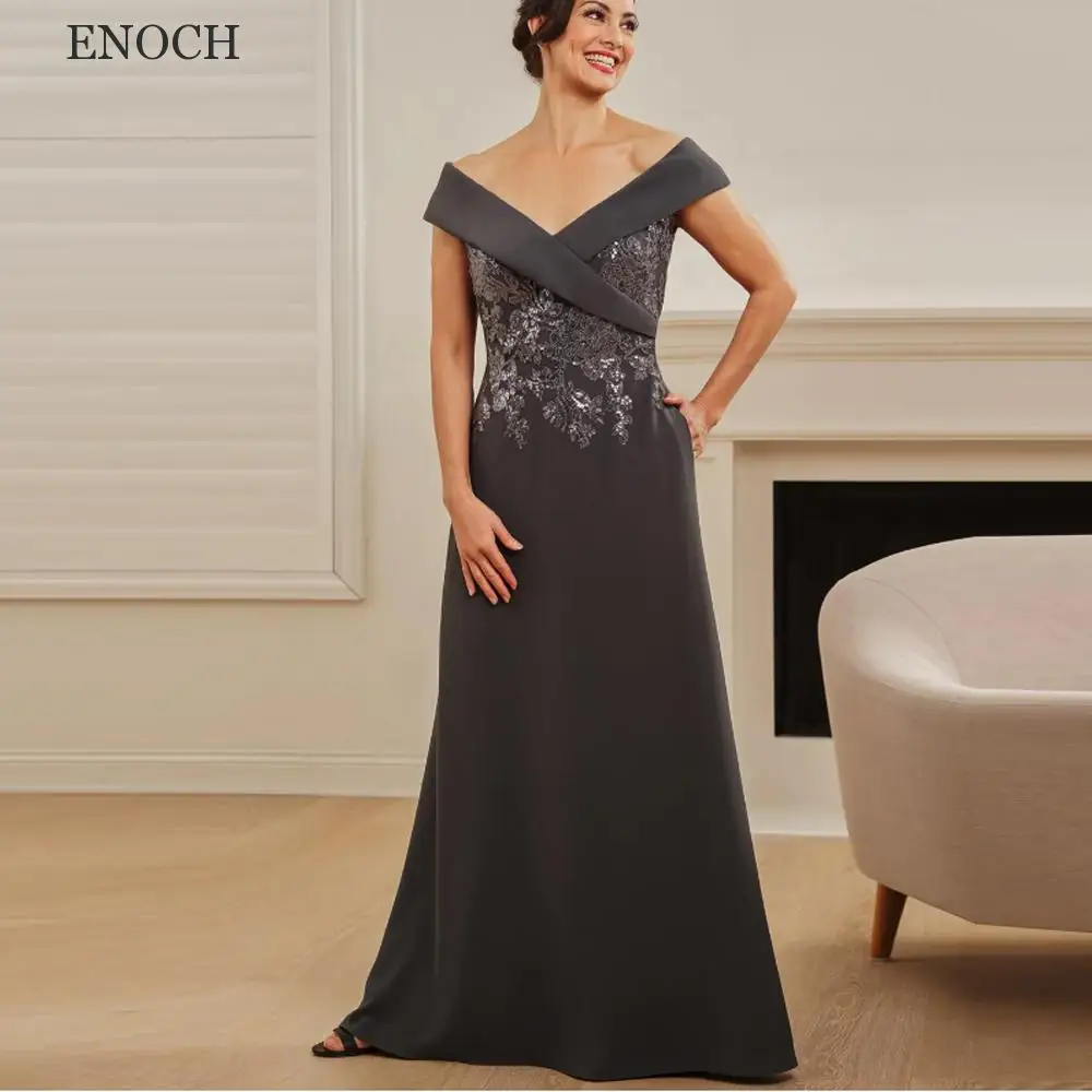 ENOCH classico scollo a v in raso madre della sposa vestito in pizzo Appliques al largo della spalla abiti da festa Sweep Train Vestido De Mujer