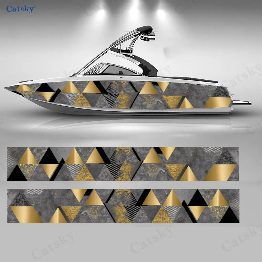 

2Pcs Geometric Triangle Gold & Gray Boat Stickers, PVC Waterproof Vinyl Wrap Decals for Fishing Boat, Durable and Stylish Design