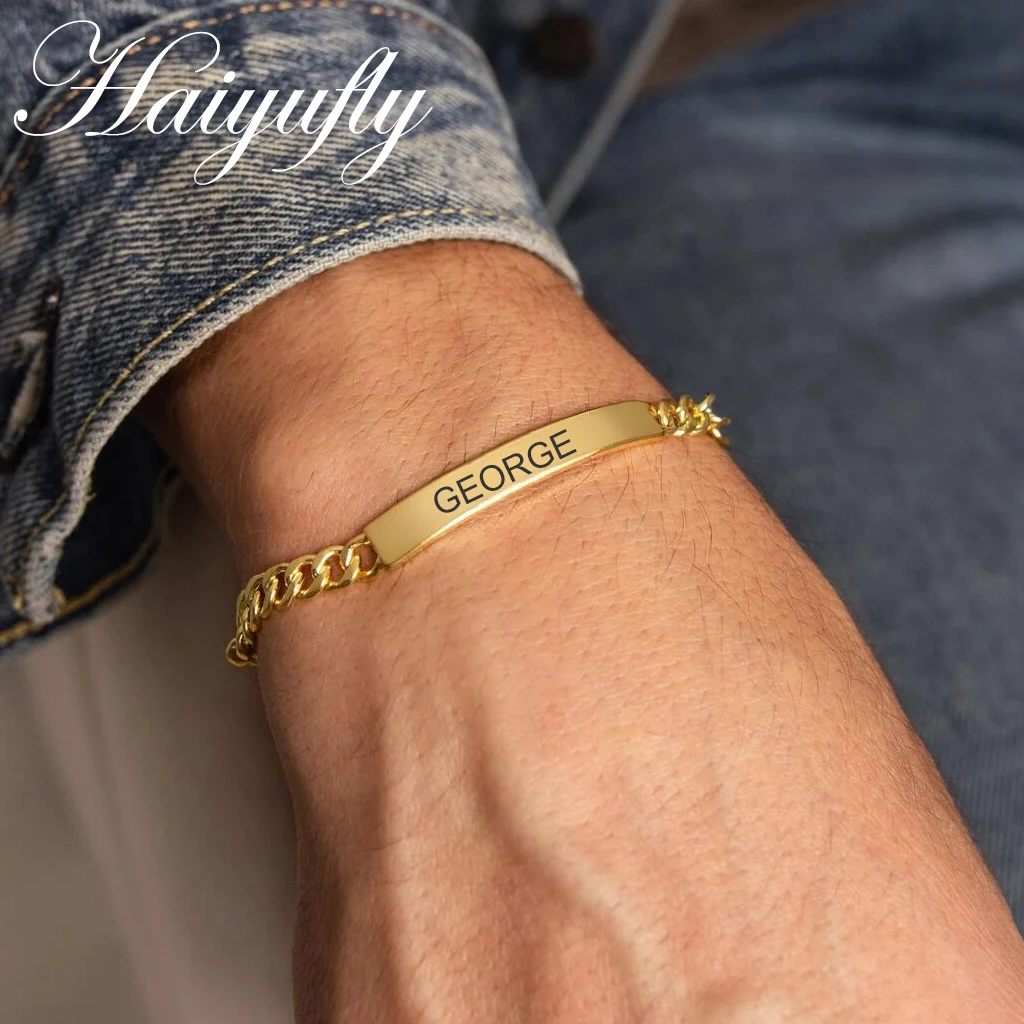 

Haiyufly Engrave Name Bracelet for Women Men Stainless Steel Jewelry Figaro Chain Custom Mother Kids Personalized Birthday Gift