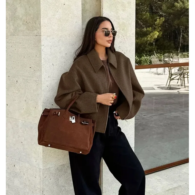 Autumn and winter fashion lapel long-sleeved zipper woolen coat 2024 European and American loose casual jacket