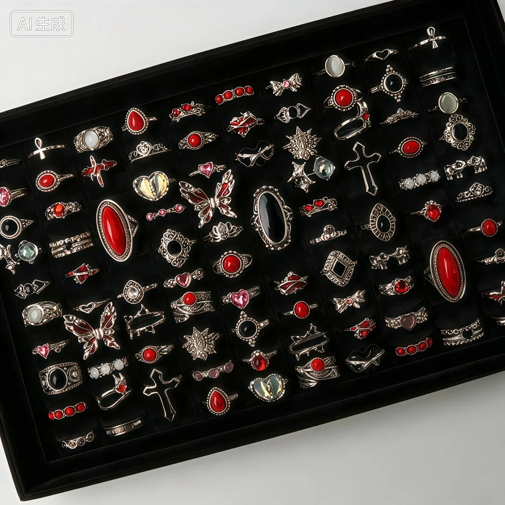12/24/36Pcs Dark Retro Punk Gothic Rhinestone Rings Set For Women Stackable Black Red Stone Heart Mix Y2K Jewelry Party Gifts