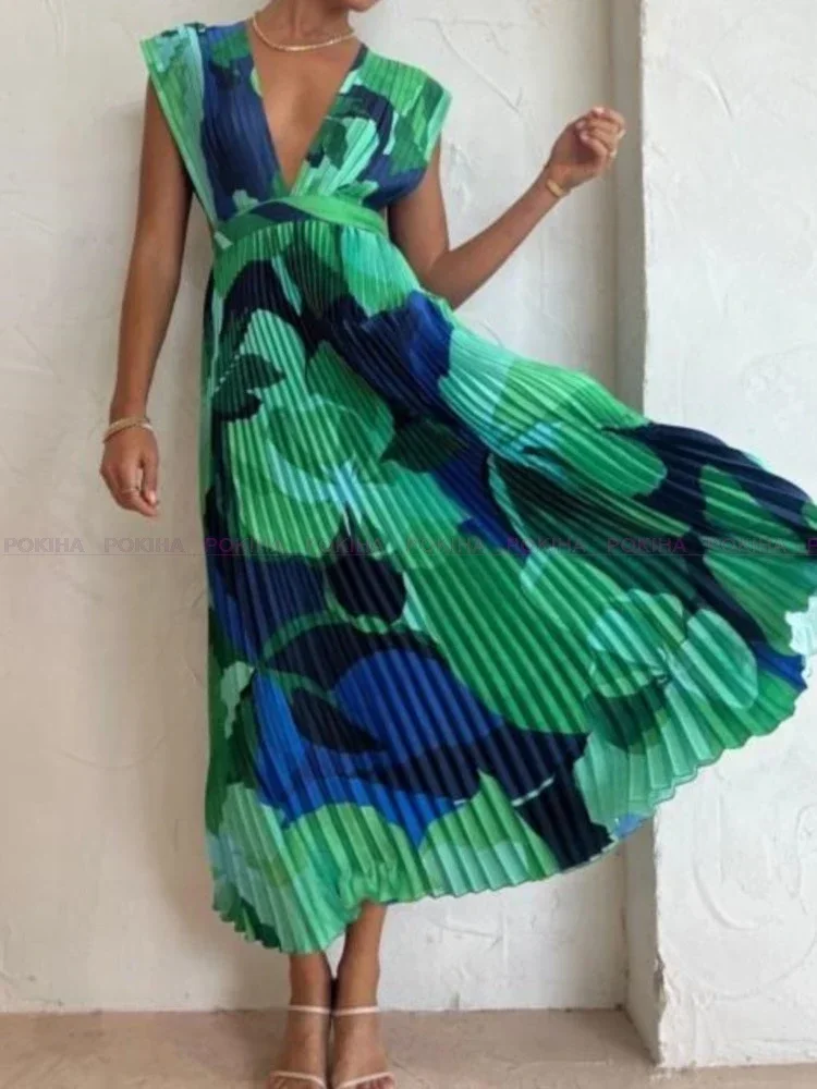 Vestido maxi estampado com decote em v feminino, sem mangas, solto, festa, feriado, sem encosto, plissado, longo, casual, elegante