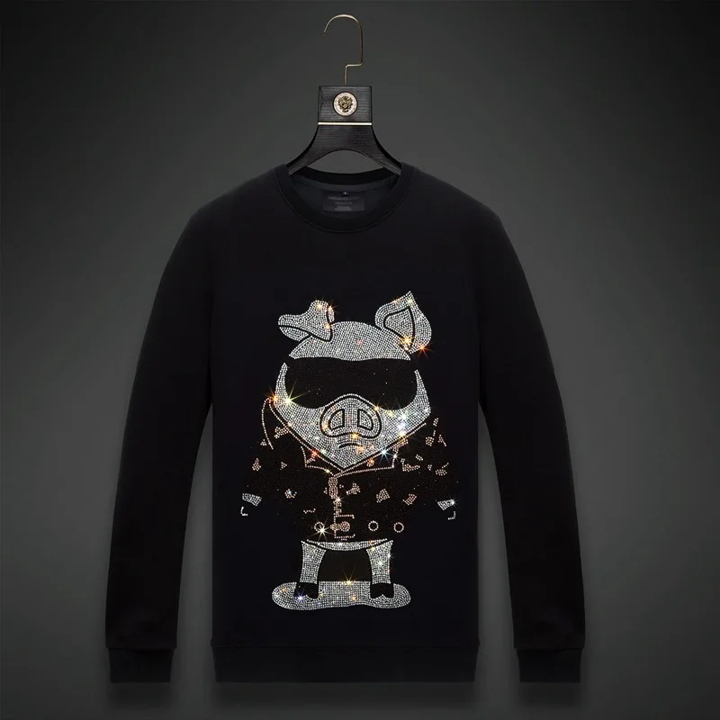 

Plus Size 6XL 2023 Men Fashion Pig Rhinestones Hoodie Streetwear Full Pullover Hoodie Black O-Neck Cotton Mens Autumn Clothes