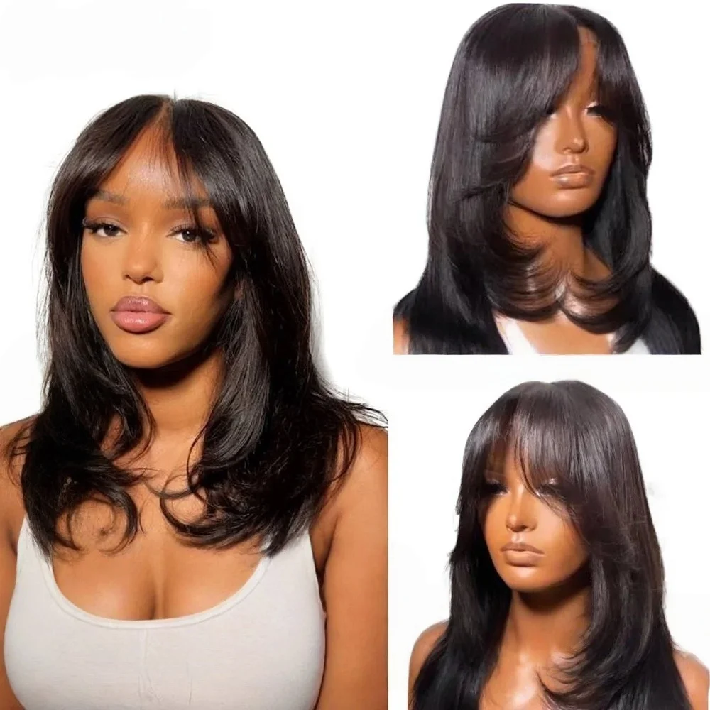 

Черный многослойный парик с кружевной вставкой и челкой-шторкой, короткий прямой парик с кружевным фронтом 13x4 HD, без клея, предварительно прорезанный, синтетический, для повседневного использования