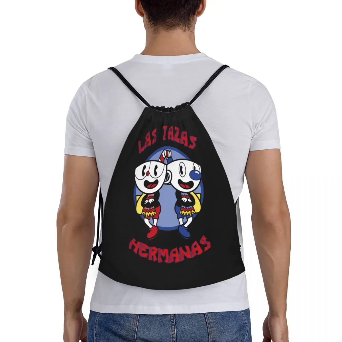 Sacos de cordão para homens e mulheres leves, jogos de desenhos animados, mochila de armazenamento, personalizados, Hermanas, Cuphead