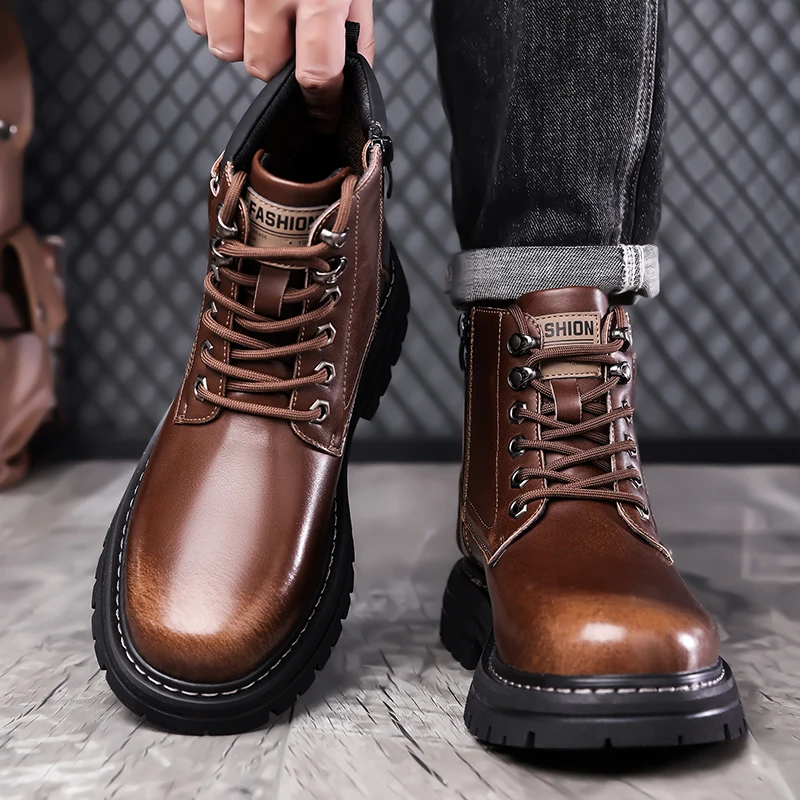 Top Quality Designer Vintage Leather For Men Boots Business Fashion Genuine Leather Men Boots Lace Up Outdoor Motorcycle Boots image 6