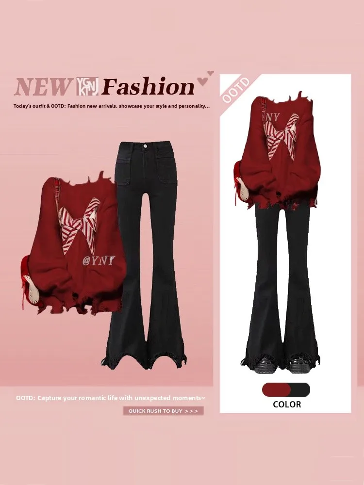 

Red Knitted Sweater High Waist Flared Jeans Women's Winter Outfit Commute Versatile Small Stature Ele Sle Two Piece Set