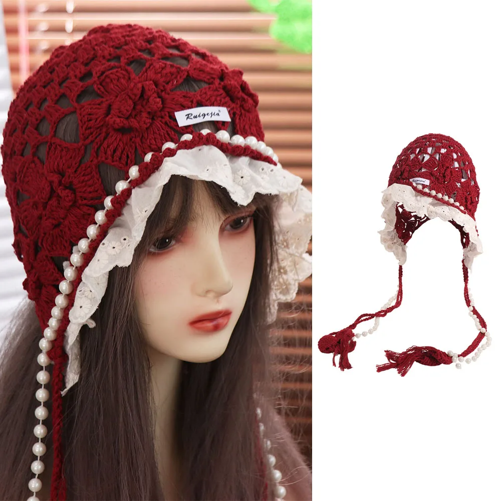 

Вязаная шапка с кисточками и цветами в стиле бохо, тонкая вязаная шапка ручной работы в корейском этническом стиле для улицы